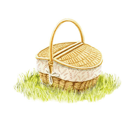 Yellow wicker cute picnic basket with floral print fabric on green grass isolated on white background. Watercolor hand drawn illustration sketch