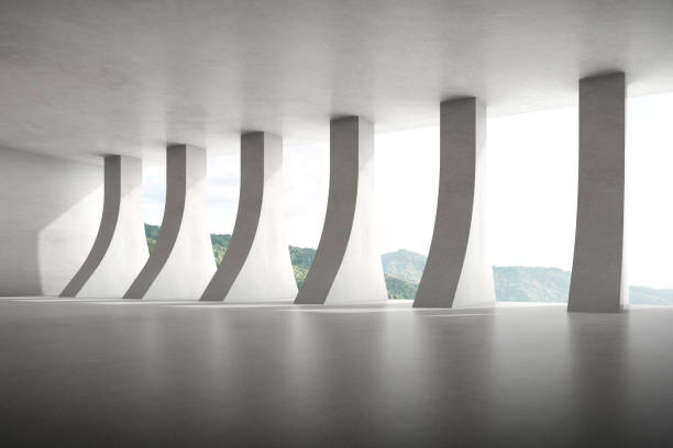 istock 3d render of empty concrete room with large pillar structure on mountain background. 1327074991