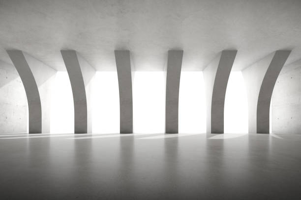 istock 3d render of empty concrete room with large pillar structure on white background. 1327075034