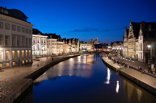 Ghent Canal and traditional buildings during the blue hour , Belgium