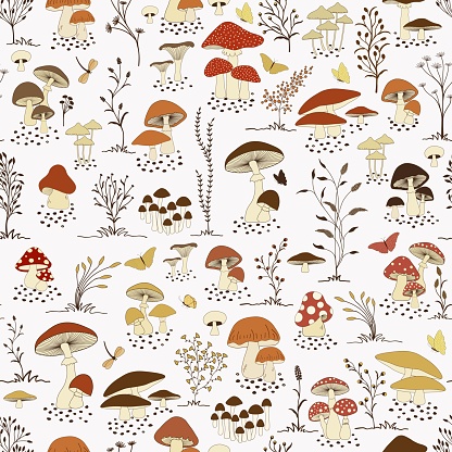 Seamless pattern with cartoon mushrooms and butterflies on white background