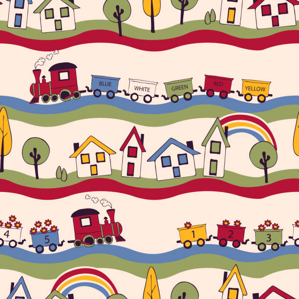 ilustrações, clipart, desenhos animados e ícones de repita o padrão vetorial com o trem em fundo amarelo. design simples de papel de parede de paisagem de desenho animado para crianças. têxte de moda infantil decorativa. - cartoon train landscape miniature train