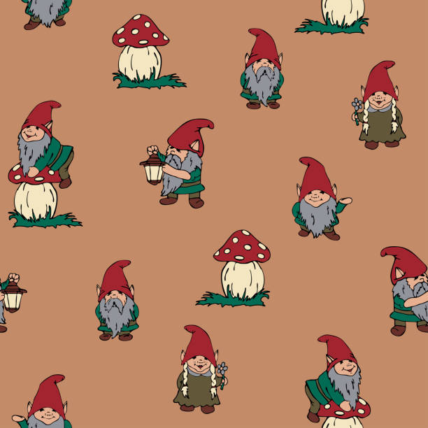 Repeat Vector Pattern With Garden Gnomes On Beige Background Simple Playful  Elf Wallpaper Design Decorative Lifestyle Fashion Textile Stock  Illustration - Download Image Now - iStock