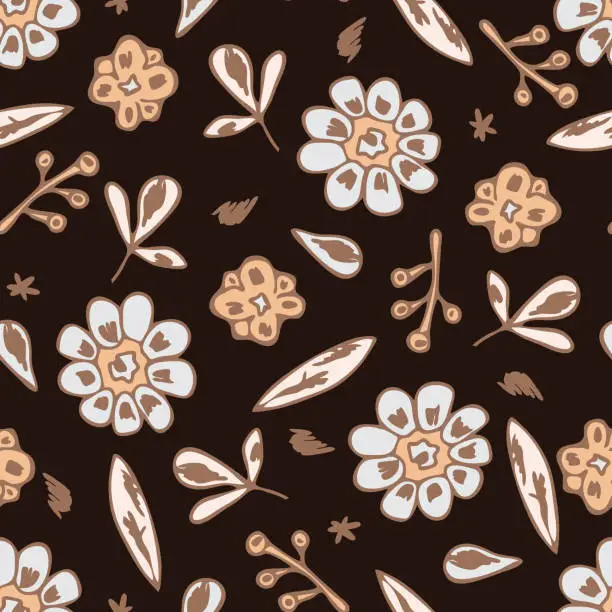 Vector illustration of Repeat vector pattern with vintage floral bloom on black background. Hand drawn flower sketch wallpaper design. Decorative romantic fashion textile.