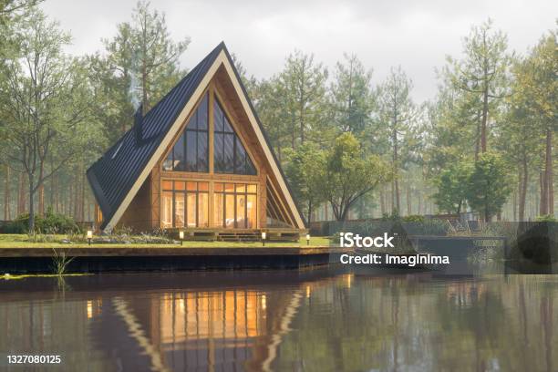 Triangular Modern Lake House At Fall Stock Photo - Download Image Now - House, Home Interior, Luxury