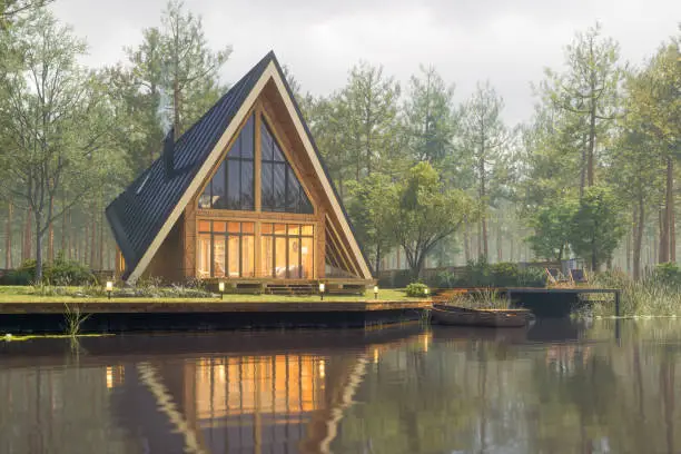 Triangular modern lake house in a misty forest at fall.