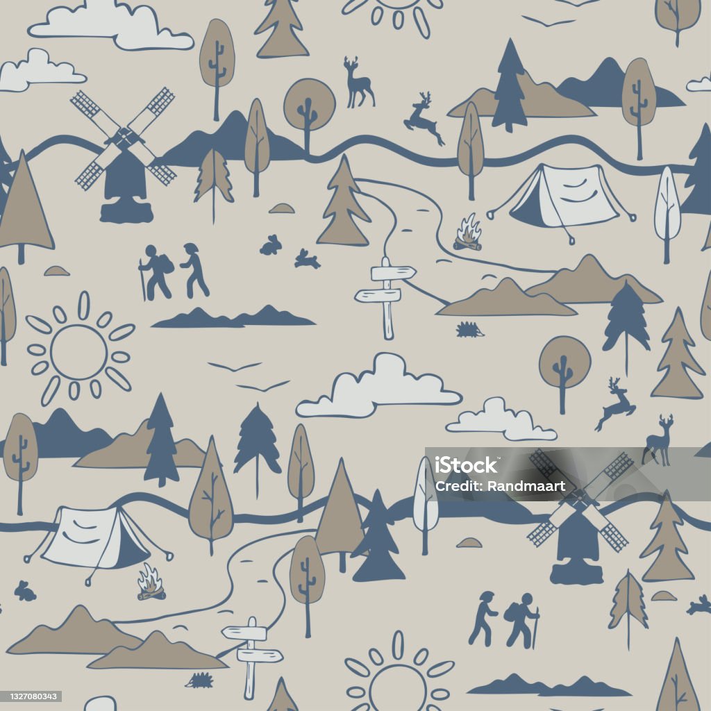 Camp Pattern Background Repeat Vector Pattern With Camping Landscape On Grey Background ...