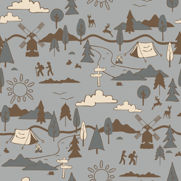 Repeat vector pattern with adventure landscape on grey background. Simple hiking silhouette wallpaper design. Decorative life style fashion textile. Seamless vector pattern with adventure landscape on grey background. Simple hiking silhouette wallpaper design. Decorative life style fashion textile. camping patterns stock illustrations