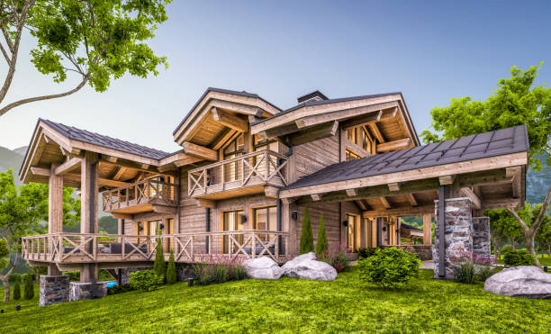 istock 3d rendering of modern cozy chalet in evening 1327081610