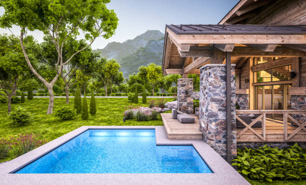 istock 3d rendering of modern cozy chalet in evening 1327081615