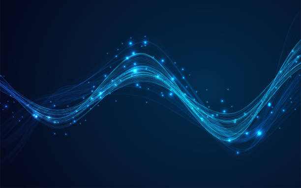 illustrations, cliparts, dessins animés et icônes de les particules dynamiques sonnent l’onde qui coule avec une lumière de point sur fond bleu. contexte technologique - onde sinusoïdale