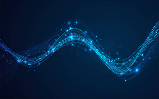 Dynamic particles sound wave flowing with dot light on blue background. Technology background Dynamic particles sound wave flowing with dot light on blue background. Technology background sine wave stock illustrations