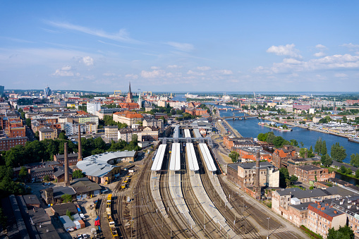 Aerial view of the Main Railway Station in Szczecin, Poland