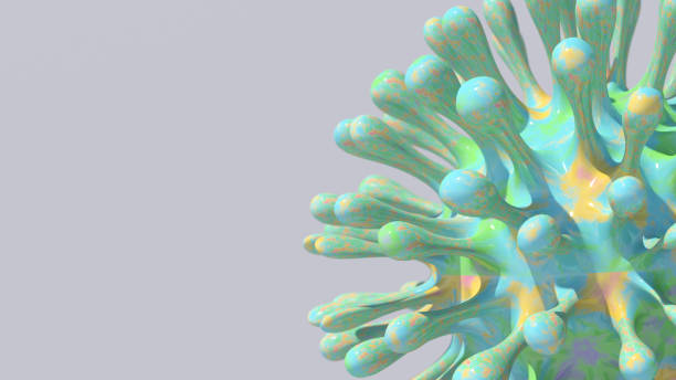 istock Colorful virus cells, gray background, close-up. Abstract illustration, 3d rendering. 1327081701