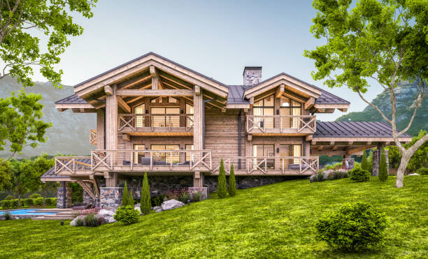 istock 3d rendering of modern cozy chalet in evening 1327081916