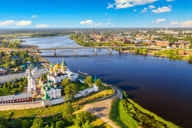 Aerial drone view of the Orthodox Holy Trinity Ipatievsky monastery during summer with Volga river in Kostroma, Russia. Aerial drone view of the Orthodox Holy Trinity Ipatievsky monastery during summer with Volga river in Kostroma, Russia monastery religion spirituality river stock pictures, royalty-free photos & images
