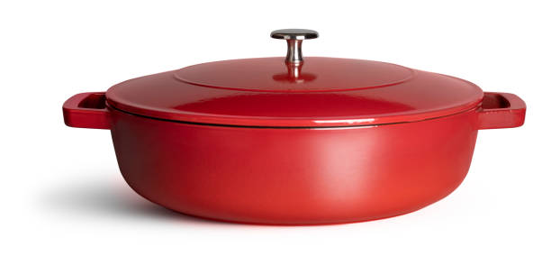 istock Red enameled cast iron pan with tho handles 1327082960