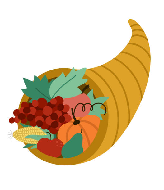 illustrazioni stock, clip art, cartoni animati e icone di tendenza di icona vettoriale della cornucopia. disposizione ortofrutticola. simpatico raccolto e simbolo di ricchezza con mele, zucca e carota. clipart corno del giorno del ringraziamento autunnale. illustrazione del raccolto della stagione autunnale - cornucopia