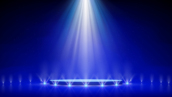 Spotlight Backdrop Illuminated Blue Stage Podium Background For Displaying  Products Bright Beams Of Spotlights Shimmering Glittering Particles A Spot  Of Light Vector Illustration Stock Illustration - Download Image Now -  iStock