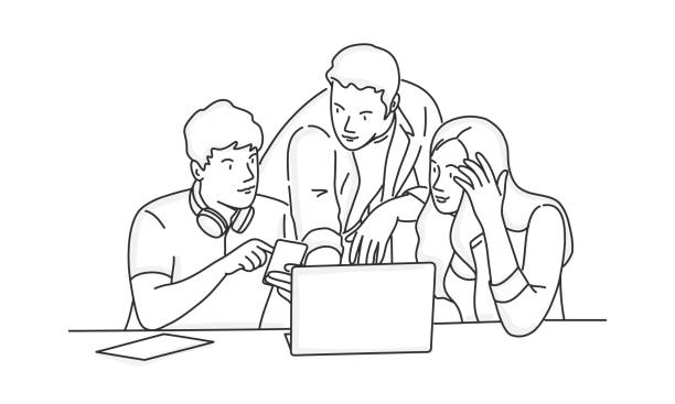 Group of students at the desk Group of students at the desk, studying process concept. Hand drawn vector illustration. kids classroomv stock illustrations