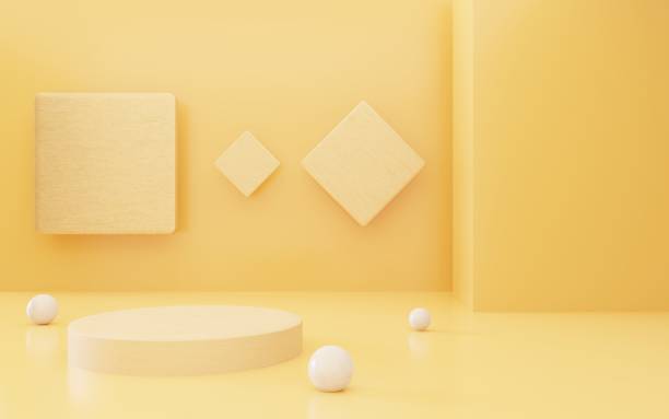 istock 3d rendering of empty yellow podium abstract minimal background. Scene for advertising design, cosmetic ads, show, technology, food, banner, cream, fashion, kid, luxury. Illustration. Product display 1327087627