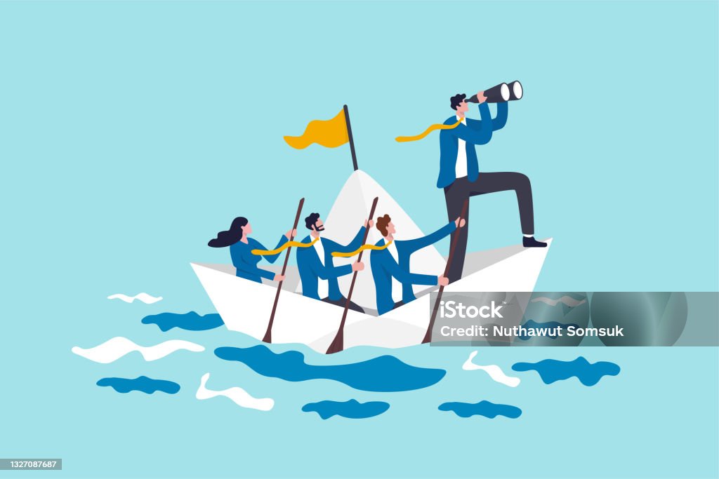 Leadership to lead business in crisis, teamwork or support to achieve target, vision or forward strategy for success concept, businessman leader with binoculars lead business team sailing origami ship Leadership stock vector