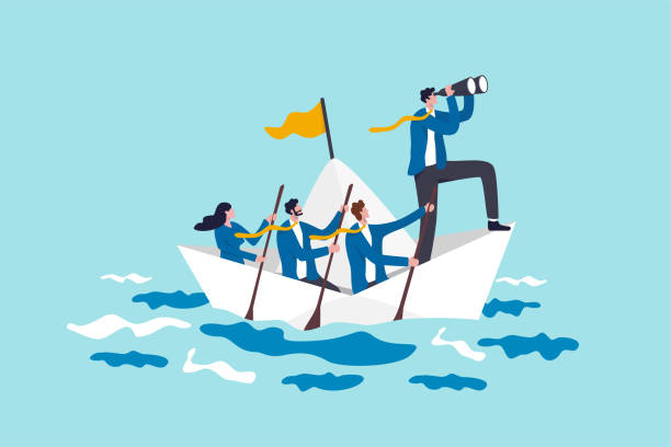 Leadership to lead business in crisis, teamwork or support to achieve target, vision or forward strategy for success concept, businessman leader with binoculars lead business team sailing origami ship Leadership to lead business in crisis, teamwork or support to achieve target, vision or forward strategy for success concept, businessman leader with binoculars lead business team sailing origami ship anticipation illustrations stock illustrations