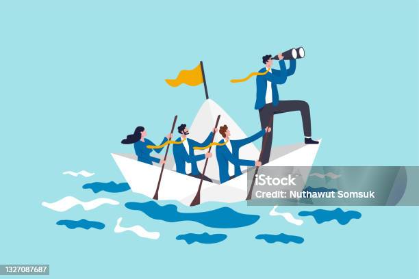 Leadership To Lead Business In Crisis Teamwork Or Support To Achieve Target Vision Or Forward Strategy For Success Concept Businessman Leader With Binoculars Lead Business Team Sailing Origami Ship Stock Illustration - Download Image Now