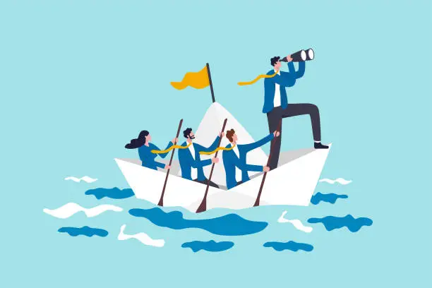 Vector illustration of Leadership to lead business in crisis, teamwork or support to achieve target, vision or forward strategy for success concept, businessman leader with binoculars lead business team sailing origami ship