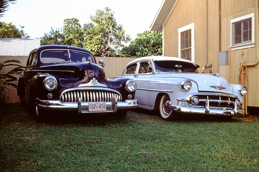 Honululu, USA, February 4, 1989 - 1947 Buick Super Eight and 1953 Chevrolet Bel Air seen in Honolulu Hawaii