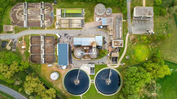 istock Sewage treatment plant - waste water purification, aerial view 1327090168