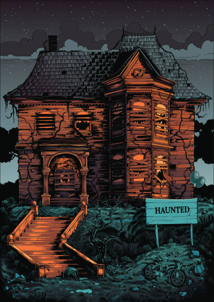 ilustraciones, imágenes clip art, dibujos animados e iconos de stock de cartel de la casa embrujada de halloween - horror monster spooky movie