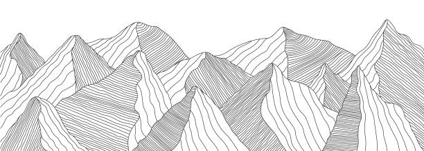 Mountain landscape of wavy lines. Vector background with mountain ranges Mountain landscape of wavy lines. Vector background with mountain ranges. adventure drawings stock illustrations