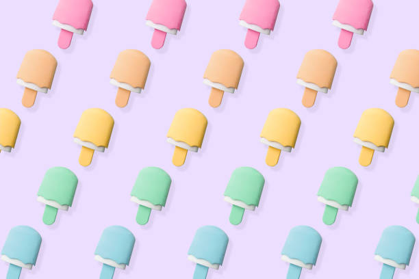 Creative pattern of colourful popsicles or ice-creams on purple background. Summer and rainbow concept. Illustration 3d.