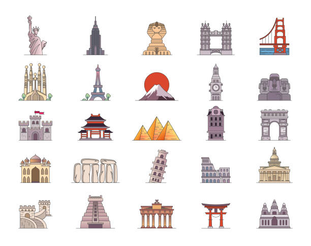 stockillustraties, clipart, cartoons en iconen met travel landmark icons editable stoke. set contains icon as monuments, tourism, historical buildings, towers, illustration - arc de triomphe