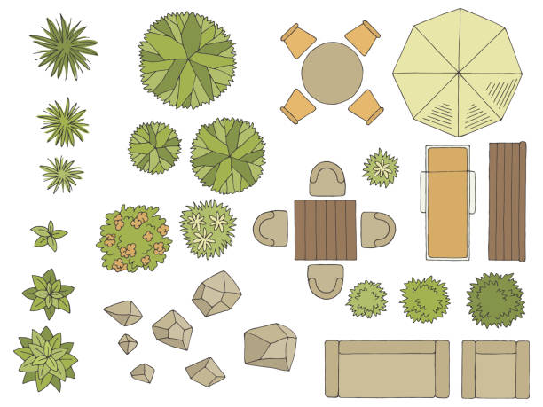 Landscape architect design element set graphic color top sketch aerial view isolated illustration vector Landscape architect design element set graphic color top sketch aerial view isolated illustration vector empty road with trees stock illustrations