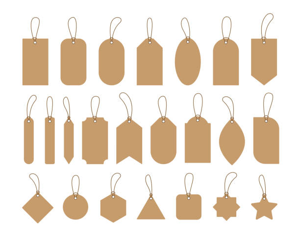 Set blank craft paper price tags and labels with strings. Set blank craft paper price tags and labels with strings clothing hang tags stock illustrations
