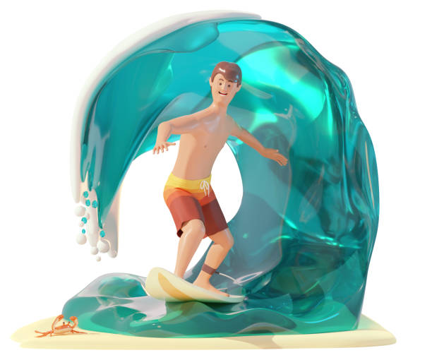 Surfer on surfboard rides big barrel wave