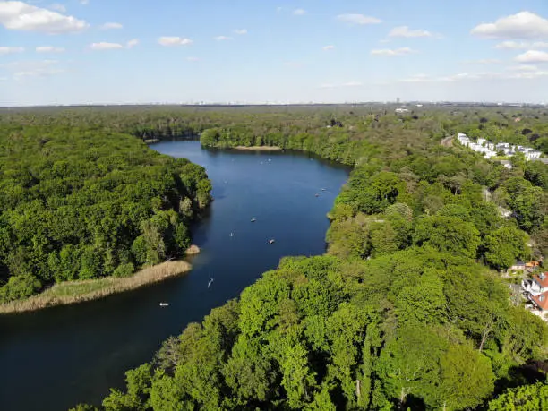 Aerial view of Schlachtensee, the most southerly in the Grunewald chain of lakes, which belongs geologically to the Teltow plateau