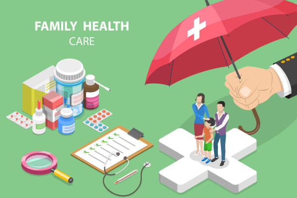 stockillustraties, clipart, cartoons en iconen met 3d isometric flat vector conceptual illustration of family health care - zorgverzekering