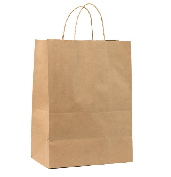 istock large disposable brown kraft paper bag with handles isolated on white background, eco packaging 1327098654