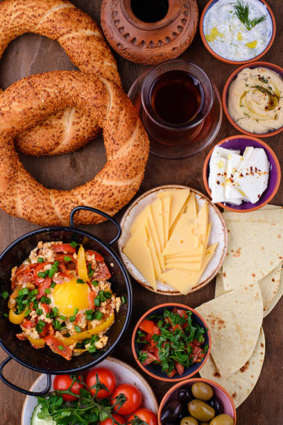 istock Traditional Turkish breakfast with meze and simit 1327098953