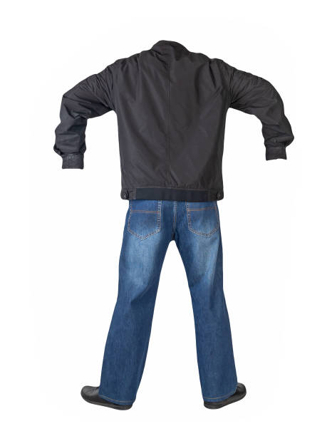 istock dark blue jeans, black leather shoes, jacket isolated on white background. 1327100225