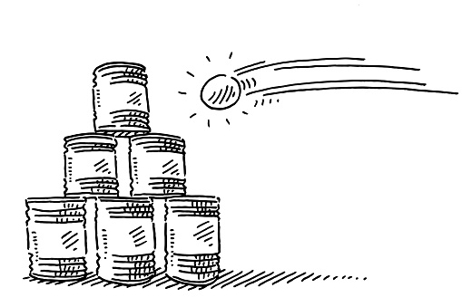 Hand-drawn vector drawing of Throwing A Ball At Stack Of Cans. Black-and-White sketch on a transparent background (.eps-file). Included files are EPS (v10) and Hi-Res JPG.