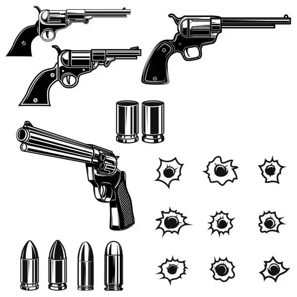 Vector illustration of Revolvers, bullets, bullet holes. Design element for poster, card, banner, sign. Vector illustration