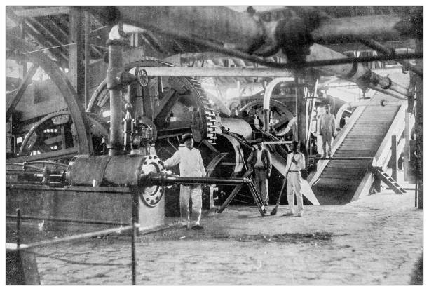 Antique black and white photograph of people from islands in the Caribbean and in the Pacific Ocean; Cuba, Hawaii, Philippines and others: Cane threshers in sugar mill, Puerto Rico