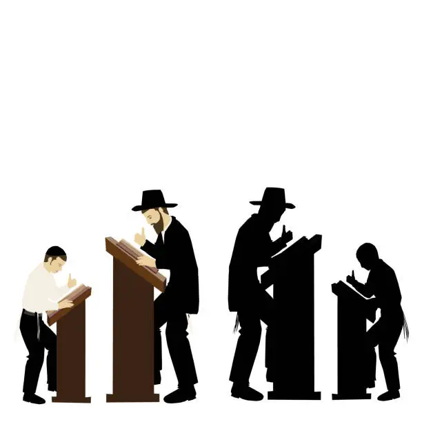 Vector illustration of Torah study, silhouette and clipart drawing of a father and son studying Torah. Two ultra Orthodox Jewish figures, observant of Torah, rely on standards. The two swing their thumbs while studying.