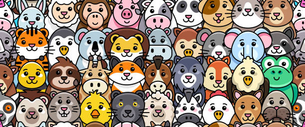 ilustraciones, imágenes clip art, dibujos animados e iconos de stock de patrón sin fisuras con iconos de animales - 5954