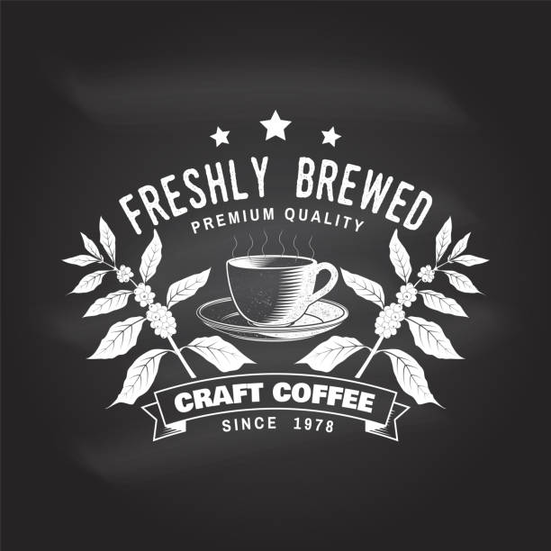 istock Coffe shop logo, badge template on the chalkboard. Vector. Typography design with coffee cup and branch of coffee tree silhouette. Template for menu for restaurant, cafe, bar, packaging 1327105498