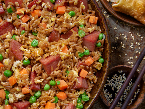 Fried Rice with Fried Canned Spiced Ham, Vegetables and an Eggroll